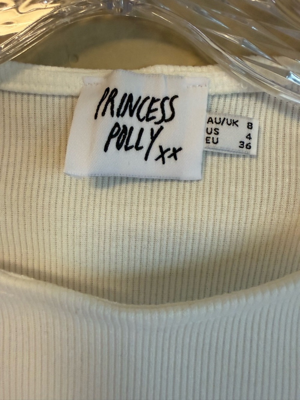 Princess Polly White Ribbed baseline Tee Crop Top Size 4 Slim Fit Y2K Clean Girl - Picture 3 of 8